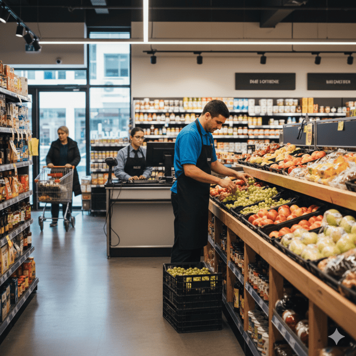 A person in a supermarket and a computer with a management software in the background